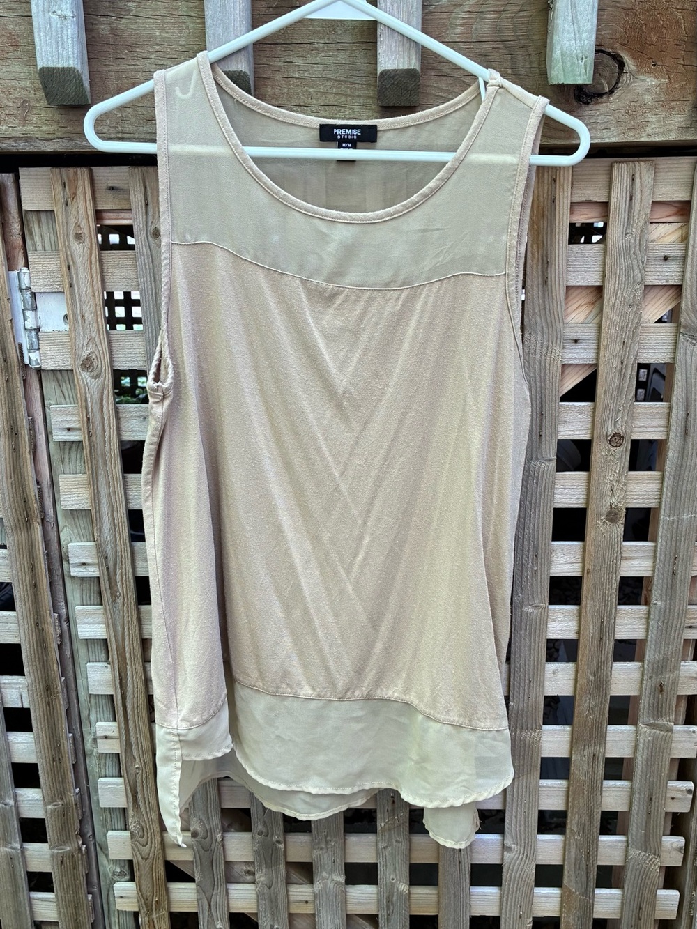 Premise Beige Sheer Yoke Layered Hem Tank Top